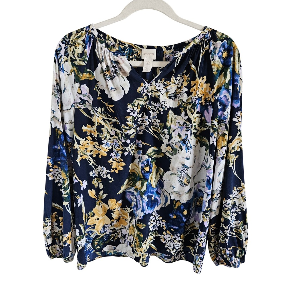 Chicos Floral V-Neck Blouse Navy Blue Yellow Long Sleeve Top Size 1P Petite